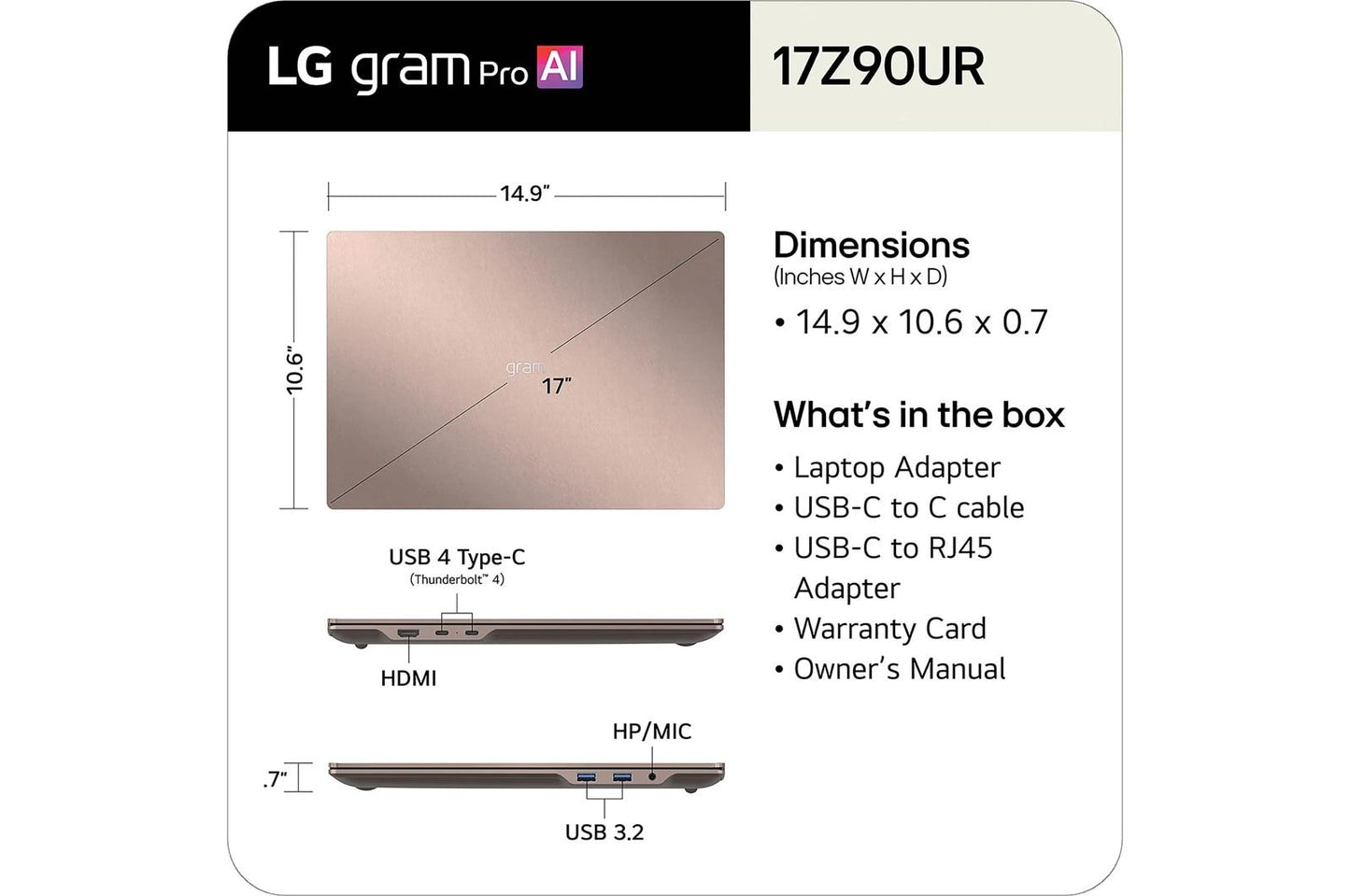17Z90URPAU99U3 LG gram Pro Max 17 Inch Copilot+ PC, Windows 11 Home, Lightweight Dual AI Touchscreen Laptop, Intel® Core™ Ultra 9, NVIDIA RTX 5050, 32GB RAM, 1TB SSD, Bronze
