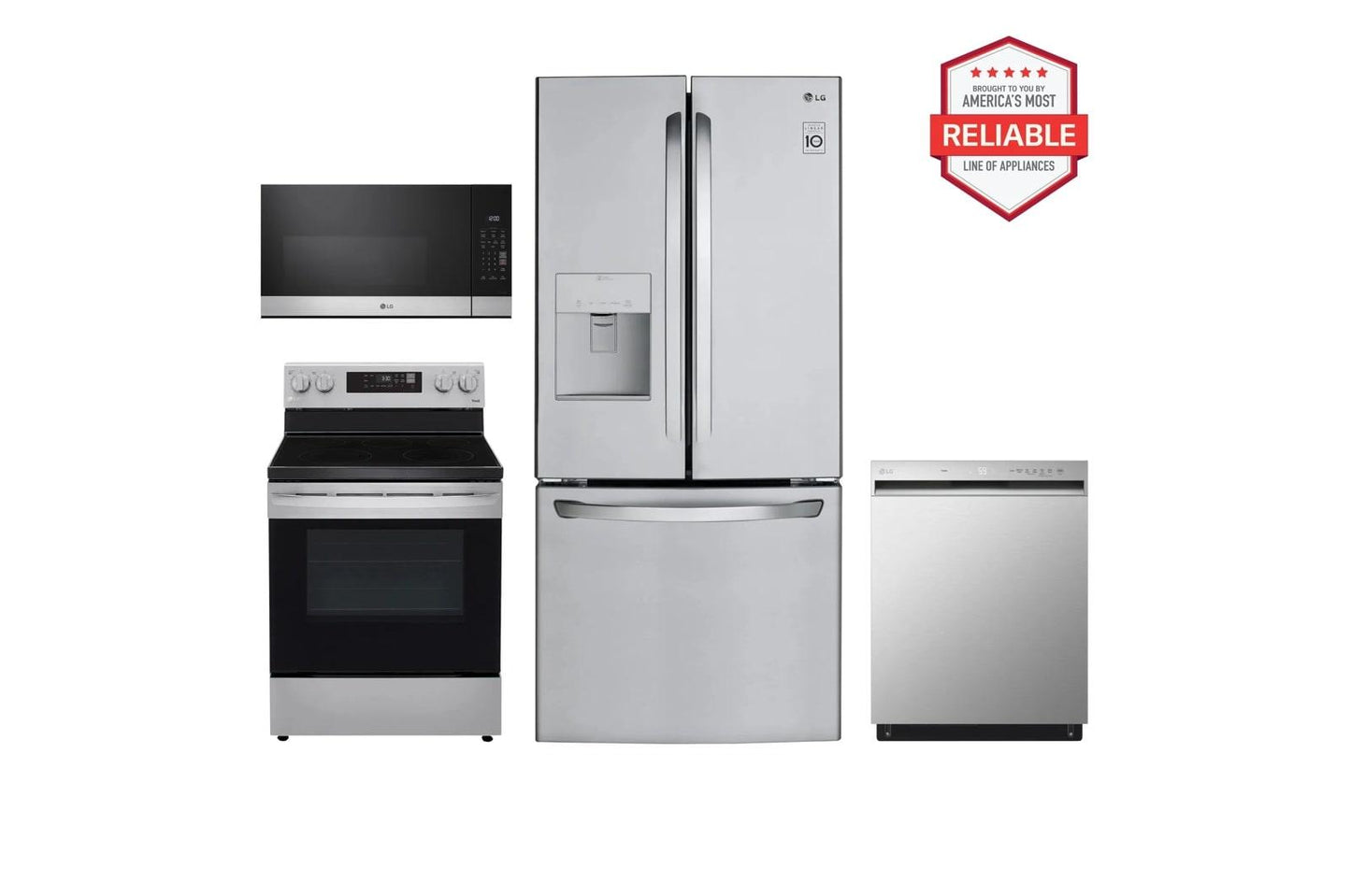 Lg LFDS22520SLREL6321SMVEM1621YLDFN3432T 22 cu. ft. Standard-Depth Exterior Water Dispenser French Door Refrigerator with Freestanding Electric Range, Front Control Dishwasher and Microwave Kitchen Package in Stainless Steel