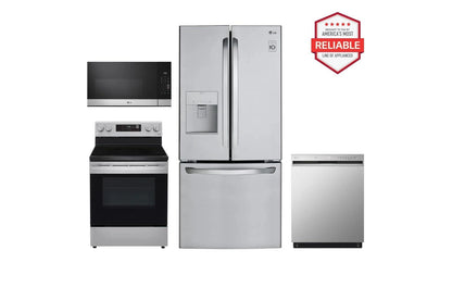 Lg LFDS22520SLREL6321SMVEM1621YLDFN3432T 22 cu. ft. Standard-Depth Exterior Water Dispenser French Door Refrigerator with Freestanding Electric Range, Front Control Dishwasher and Microwave Kitchen Package in Stainless Steel