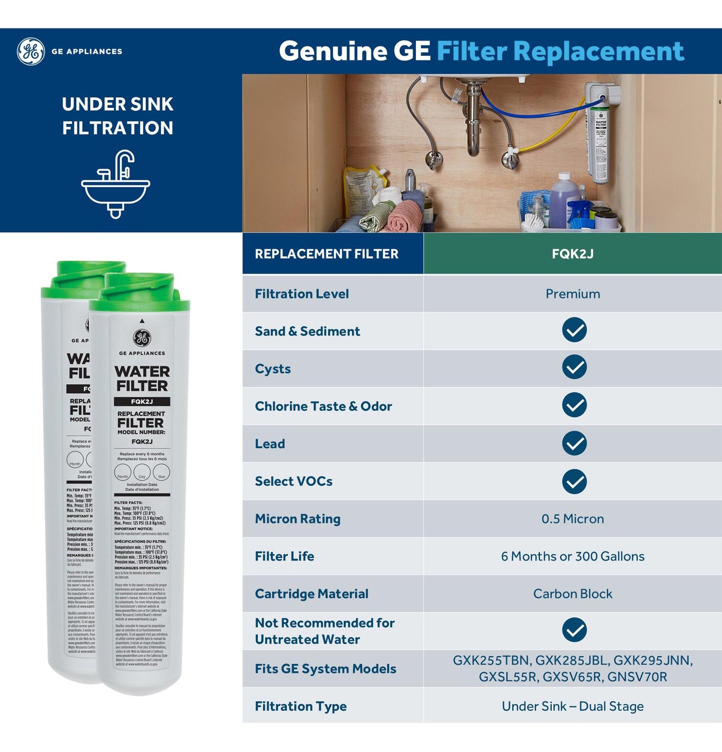 FQK2J GE UNDER SINK REPLACEMENT WATER FILTER SET DUAL FLOW - ADVANCED FILTRATION