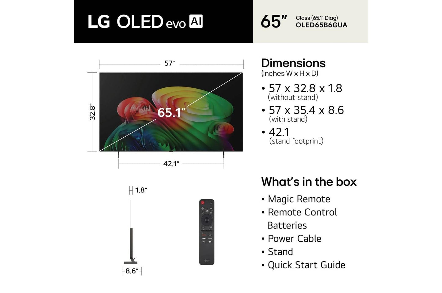 Lg OLED65B6GUA 65 Inch Class LG OLED evo AI B6 4K Smart TV 2026