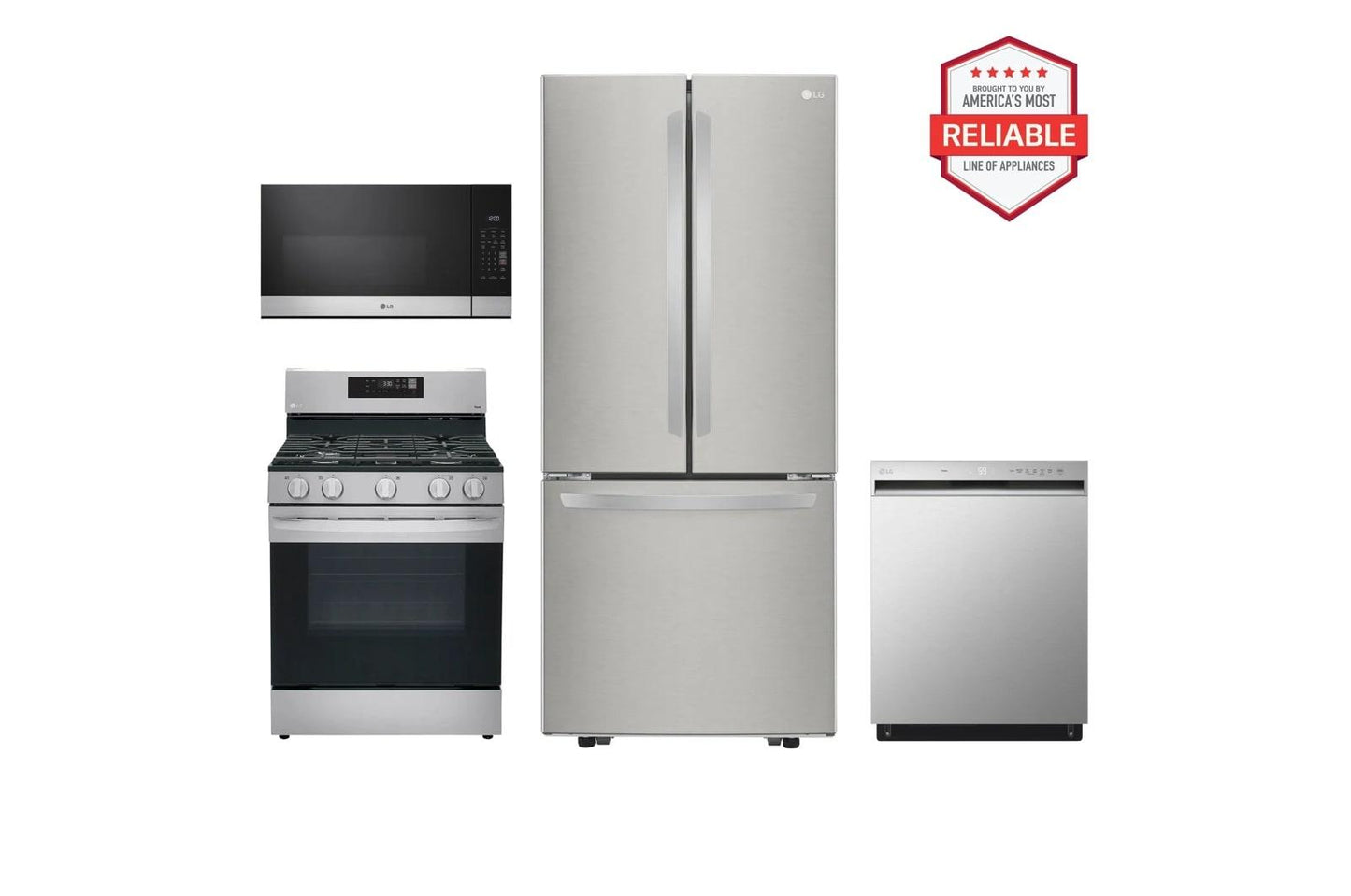 Lg LFCS22520SLRGL5821SMVEM1621YLDFN3432T 22 cu. ft. Standard-Depth French Door Refrigerator with Freestanding Gas Range, Front Control Dishwasher and Microwave Kitchen Package in Stainless Steel