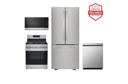 Lg LFCS22520SLRGL5821SMVEM1621YLDFN3432T 22 cu. ft. Standard-Depth French Door Refrigerator with Freestanding Gas Range, Front Control Dishwasher and Microwave Kitchen Package in Stainless Steel