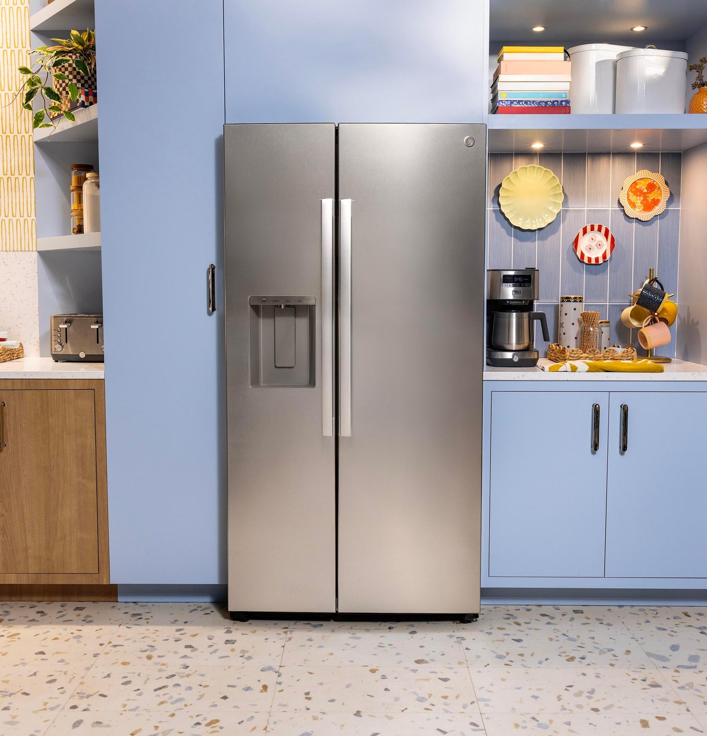 GZE24NYYFS GE® ENERGY STAR® 23.6 Cu. Ft. Counter-Depth Side-By-Side Refrigerator with Extra Tall Dispenser and In-Door Icemaker