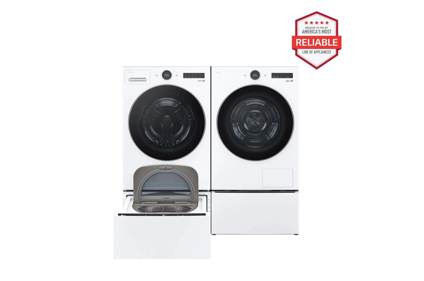 Lg WM5500HWADLHC5502WWD300CWWDP6W 4.5 cu. ft. Front Load Washer and 7.8 cu. ft. Heat Pump Dryer with pedestal washer and drawer Laundry Set in White