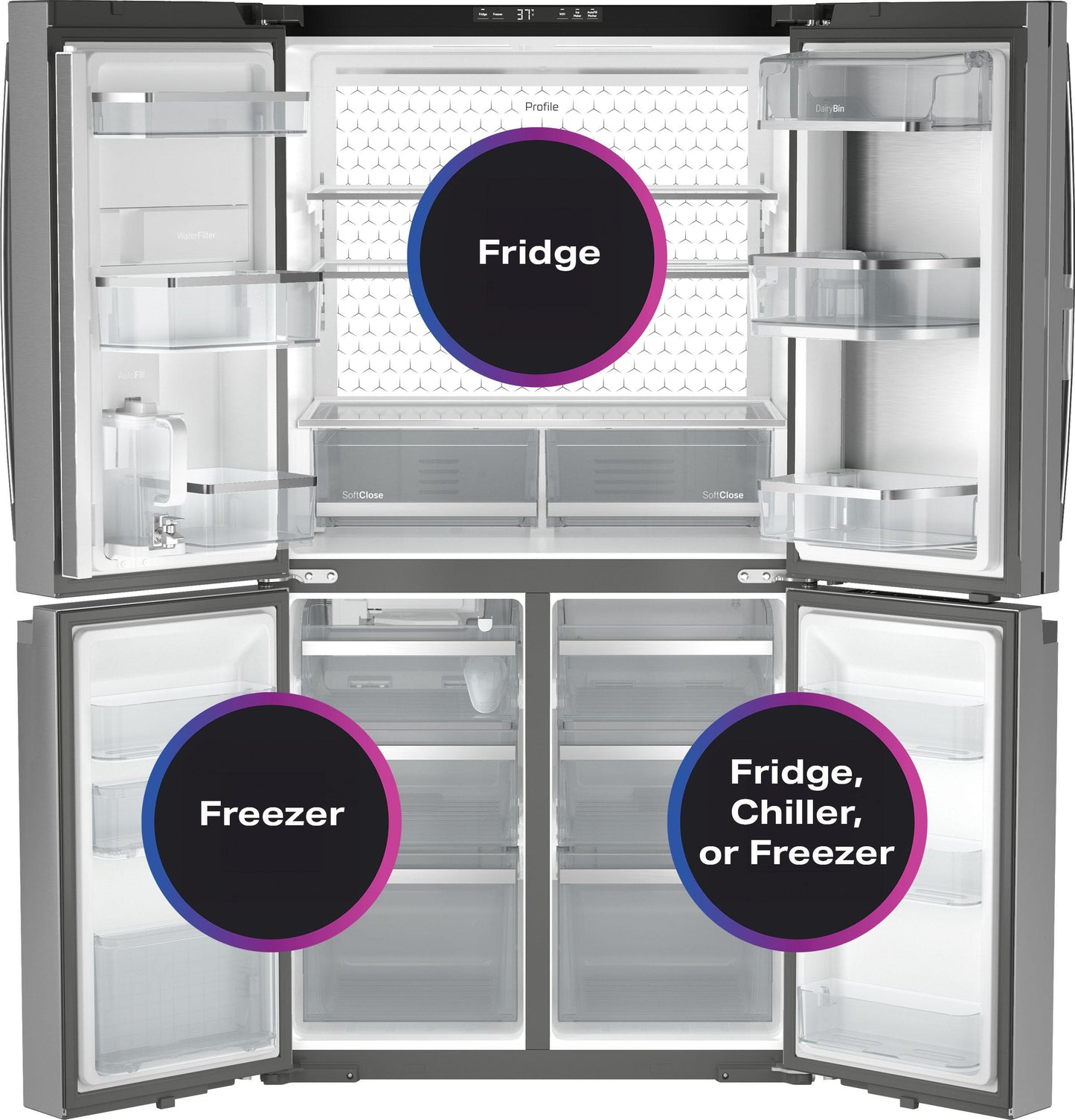 PHD23BYWFS GE Profile™ ENERGY STAR® 22.9 Cu. Ft. Counter-Depth Quad-Door Refrigerator with Dual-Dispense AutoFill Pitcher and Door in Door