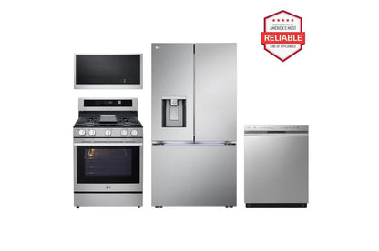 Lg LRYXC2606SLRGN6325XMVEL2033FLDFN4542S 26 cu. ft. Smart Counter-Depth MAX™ French Door Refrigerator with Freestanding Gas Range, Front Control Dishwasher and Microwave Kitchen Package in Stainless Steel