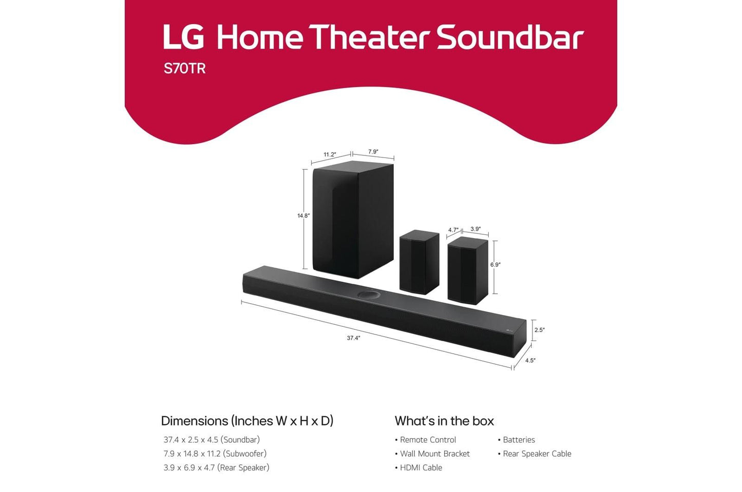 Lg S70TR S70TR LG Home Theater Soundbar with Dolby Atmos® and Rear Speakers, 5.1.1 channel, Best QNED matching