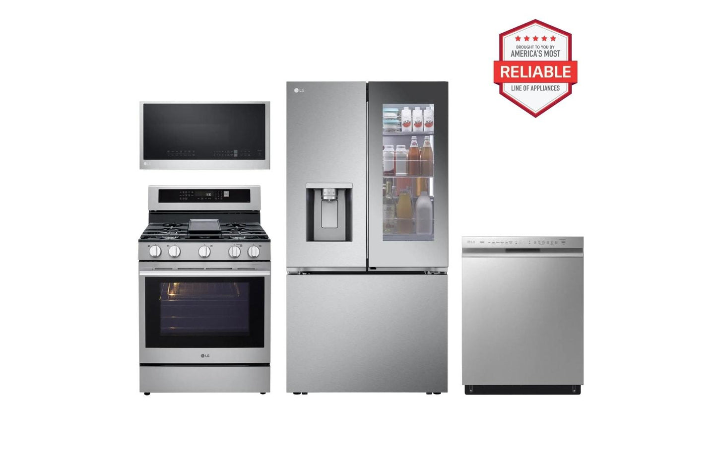Lg LRYKC2606SLRGN6325XMVEL2033FLDFN4542S 26 cu. ft. Counter-Depth Instaview French Door Refrigerator with Freestanding Gas Range, Front Control Dishwasher and Microwave Kitchen Package in Stainless Steel