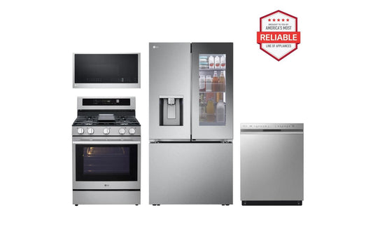 Lg LRYKC2606SLRGN6325XMVEL2033FLDFN4542S 26 cu. ft. Counter-Depth Instaview French Door Refrigerator with Freestanding Gas Range, Front Control Dishwasher and Microwave Kitchen Package in Stainless Steel