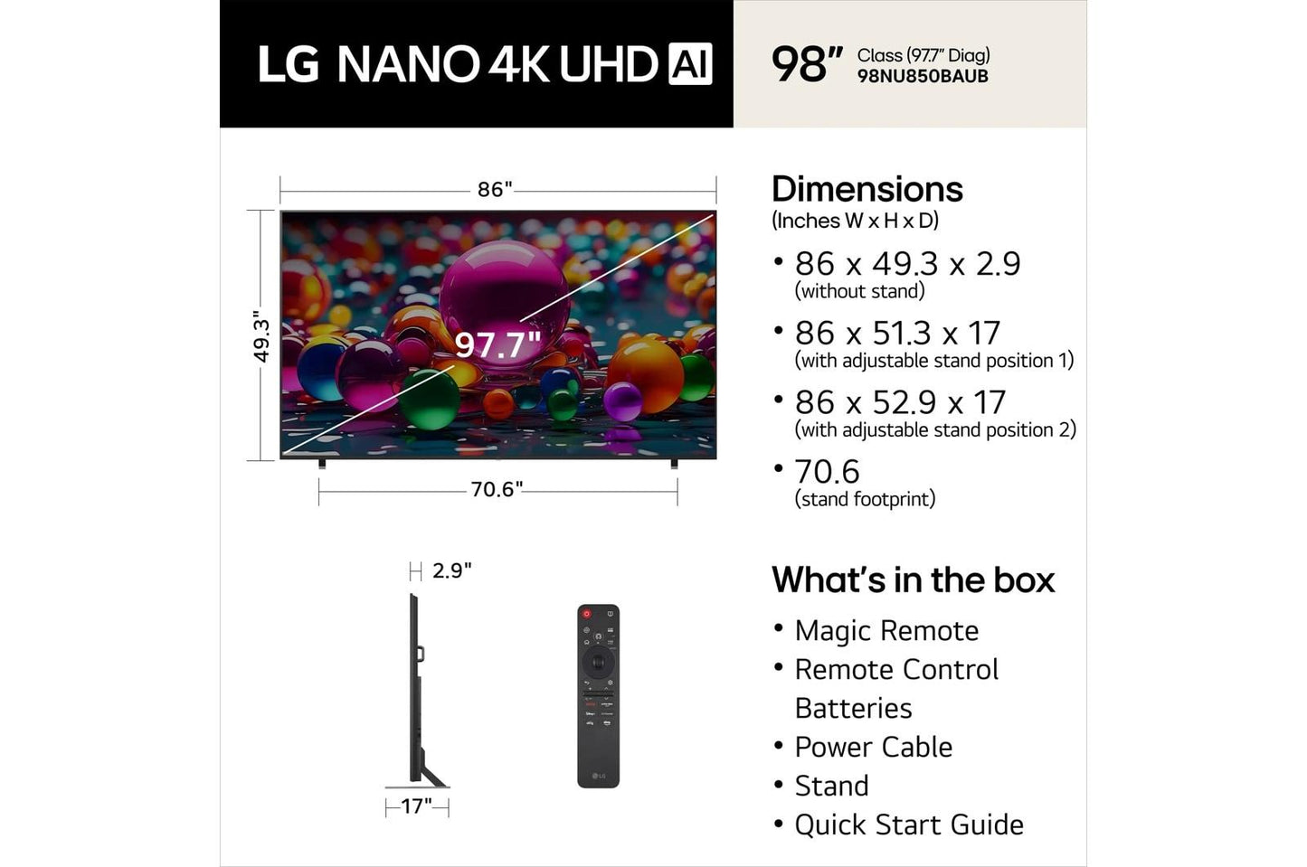 Lg 98NU850BAUB 98 Inch Class LG 4K Nano UHD TV AI NU85 Smart TV 2026