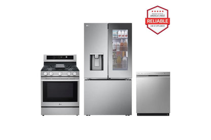 Lg LRYKC2606SLRGN6325XLDFN4542S 26 cu. ft. Counter-Depth Instaview French Door Refrigerator with Freestanding Gas Range and Front Control Dishwasher Kitchen Package in Stainless Steel