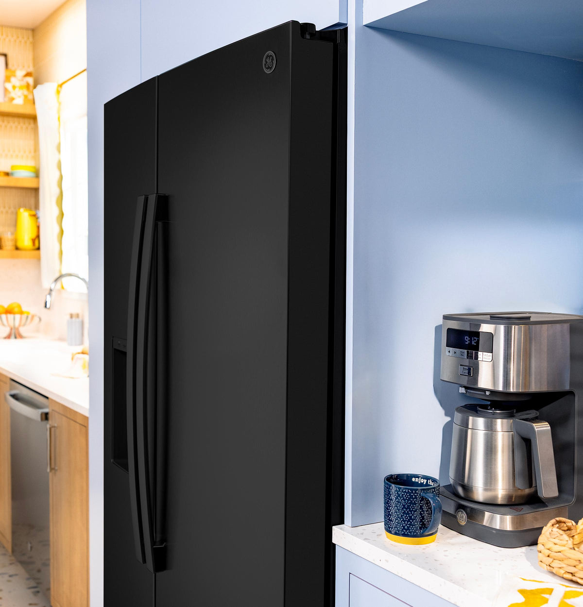GZS24NGYBB GE® 23.6 Cu. Ft. Counter-Depth Side-By-Side Refrigerator with Extra Tall Dispenser and In-Door Icemaker