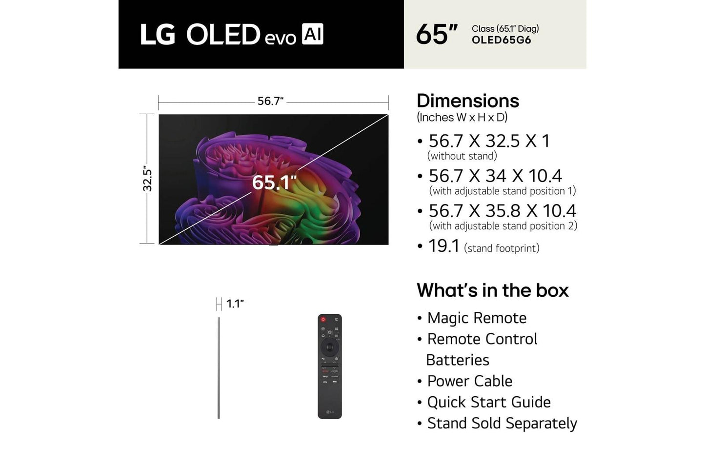 Lg OLED65G6WUA 65 Inch Class LG OLED evo AI G6 4K Smart TV 2026 with Supplied Flush Wall Mount