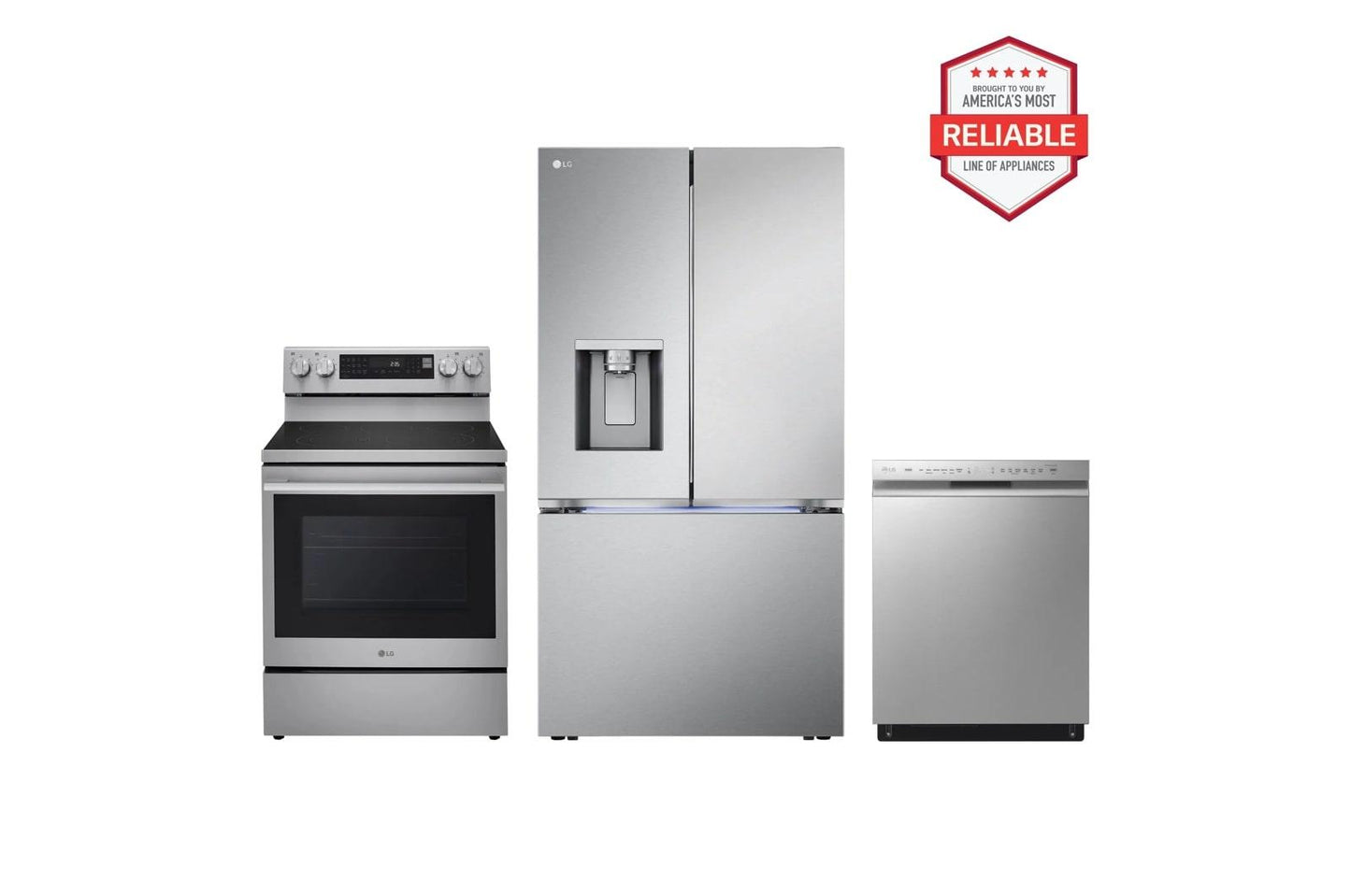 Lg LRYXC2606SLREN6325XELDFN4542S 26 cu. ft. Smart Counter-Depth MAX™ French Door Refrigerator with Freestanding Electric Range and Front Control Dishwasher Kitchen Package in Stainless Steel