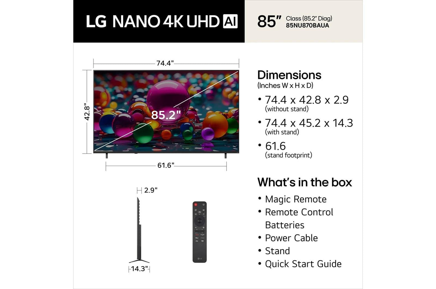 Lg 85NU870BAUA 85 Inch Class LG 4K Nano UHD TV AI NU85 Smart TV 2026