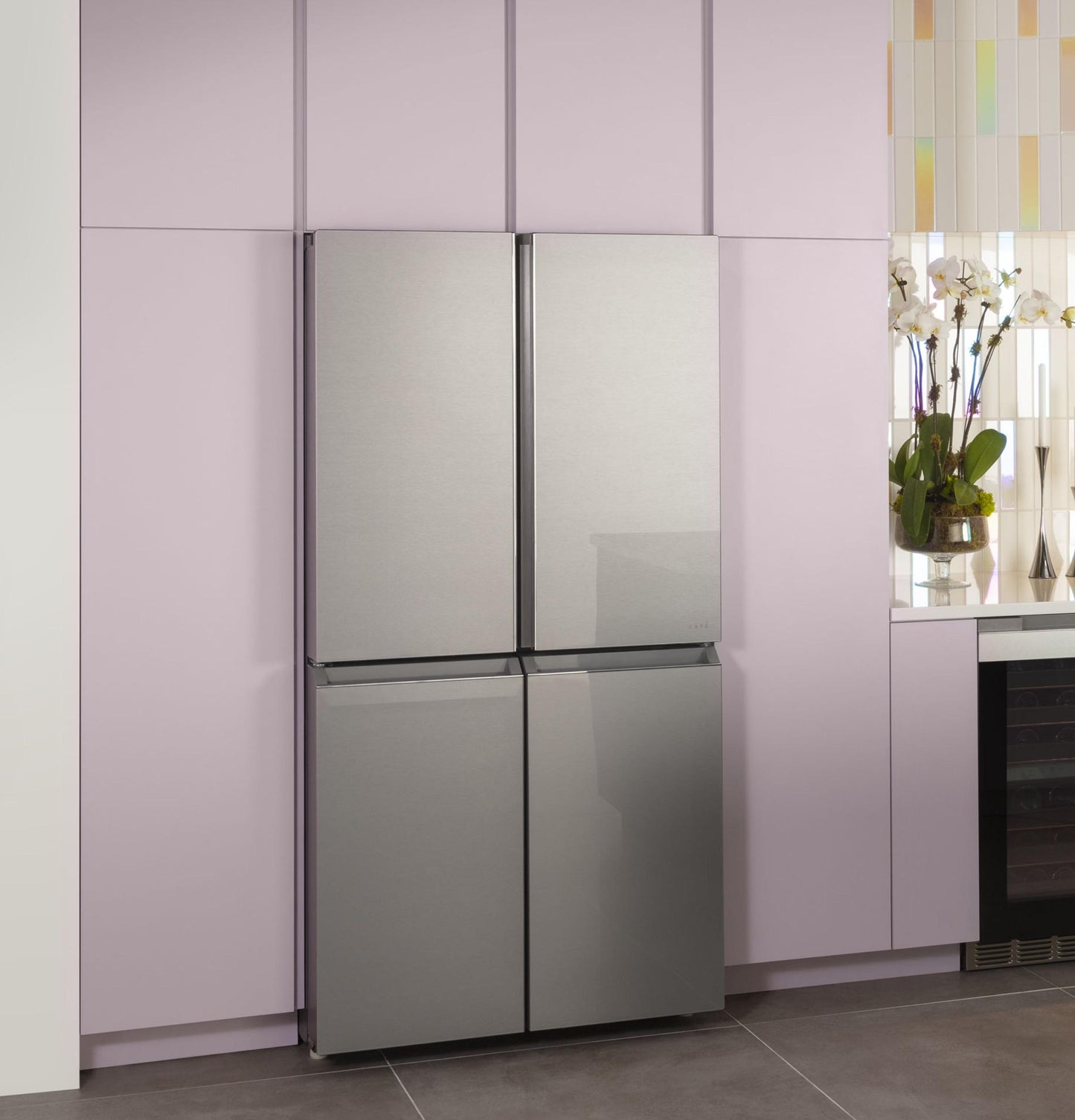Cafe CHE23DM5WS5 CAF(EBACK)™ ENERGY STAR® 22.9 Cu. Ft. Smart Counter-Depth Quad-Door Refrigerator in Platinum Glass with Dual-Dispense AutoFill Pitcher