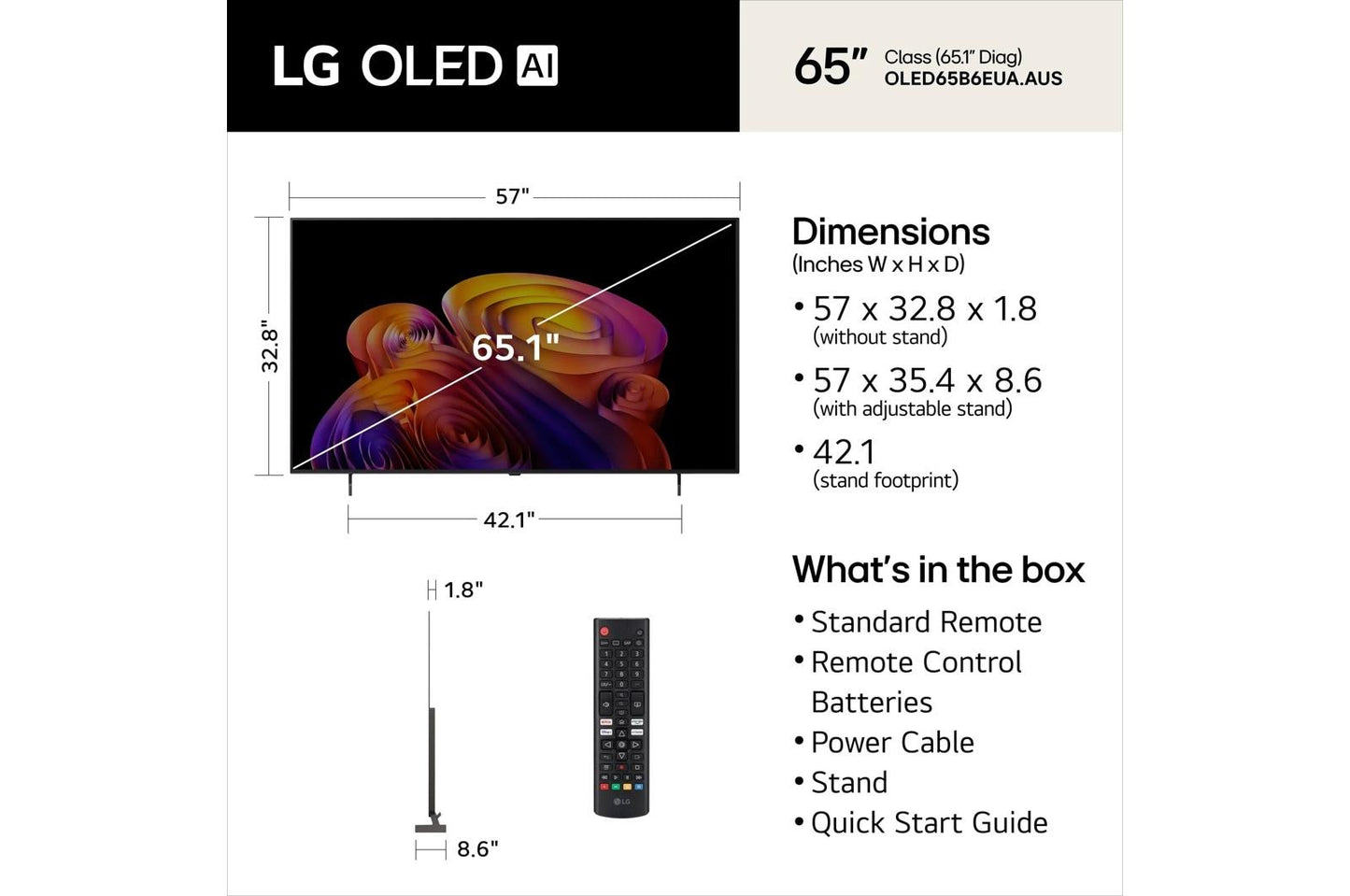 Lg OLED65B6EUA 65 Inch Class LG OLED AI B6E 4K Smart TV 2026