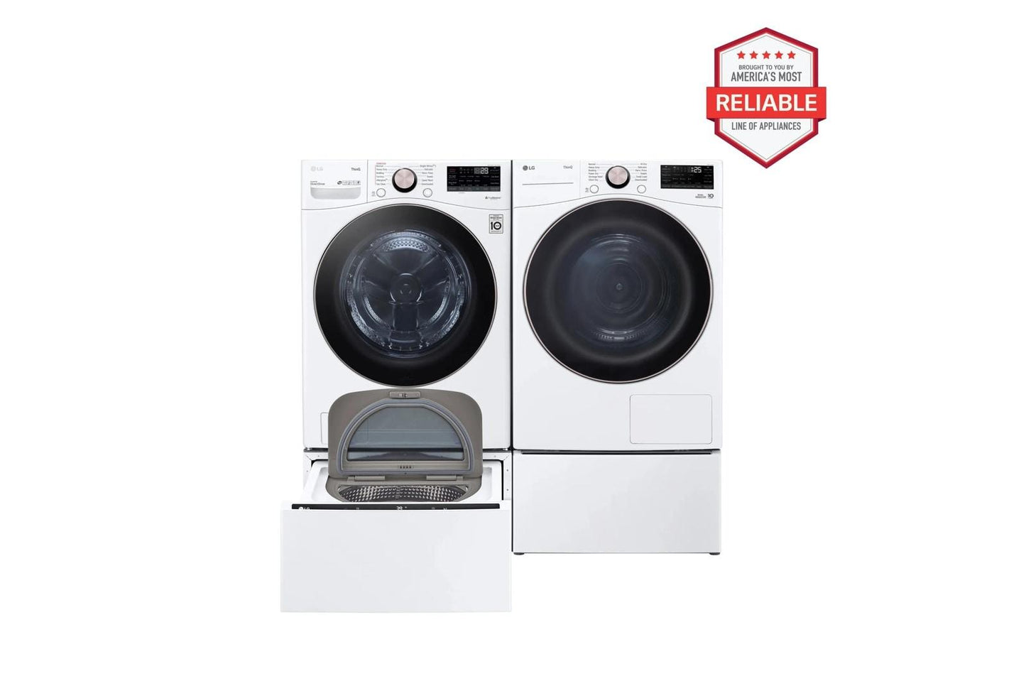 Lg WM4000HWADLHC4002WWD300CWWDP6W 4.5 cu. ft. Front Load Washer and 7.8 cu. ft. Heat Pump Ventless Dryer with pedestal washer and drawer Laundry Set in White