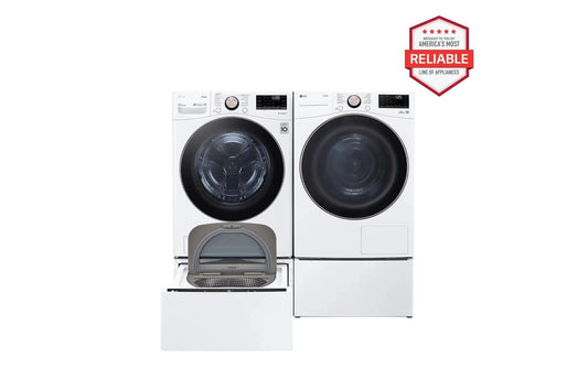 Lg WM4000HWADLHC4002WWD300CWWDP6W 4.5 cu. ft. Front Load Washer and 7.8 cu. ft. Heat Pump Ventless Dryer with pedestal washer and drawer Laundry Set in White