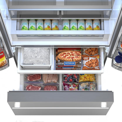 SJF2752MS Sharp 26.5 cu.ft. Counter Depth 36 in. French 3-Door Refrigerator with Internal Water Dispenser in Stainless Steel