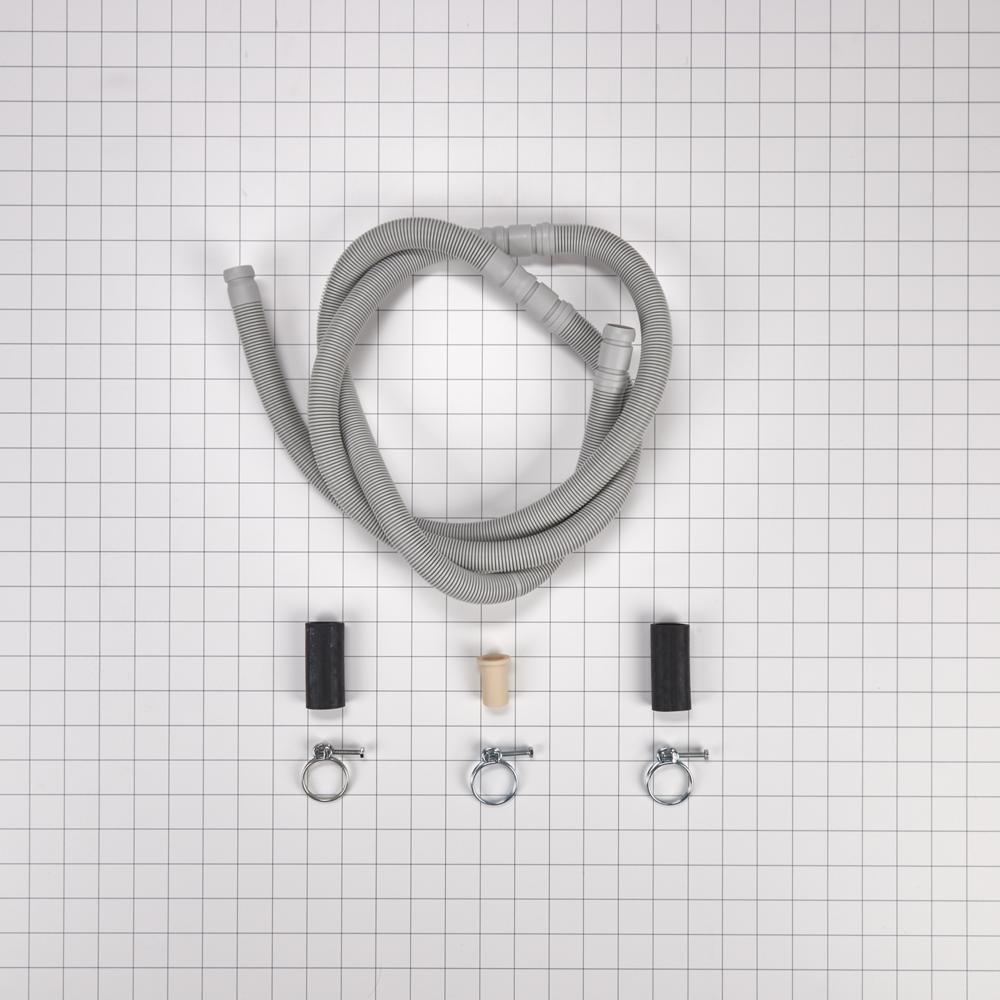 Kitchenaid W10712310 Dishwasher drain hose, extends 100-150 inches, with 3 metal wire hose clamps and 2 molded rubber straight end fittings