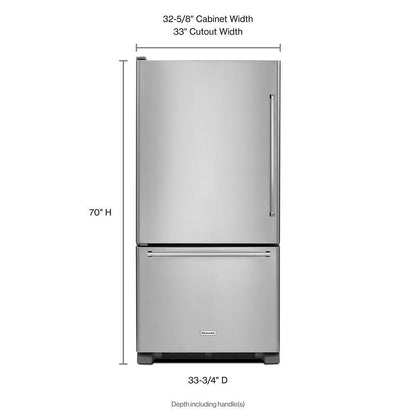 Kitchenaid KRBL102ESS 22 cu. ft. 33-Inch Width Full Depth Non Dispense Bottom Mount Refrigerator