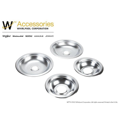 Maytag W10278125 Range Electric/Cooktop 4-Pack Round Drip Bowls (Two 6-IN and Two 8-IN) - Chrome for Non-Hinged, 2-Wire Plug Cooking Elements