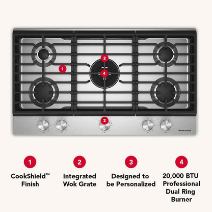 KCGK736SJP KitchenAid® 36 in. Gas Cooktop with 5 Burners and Integrated Wok Grate