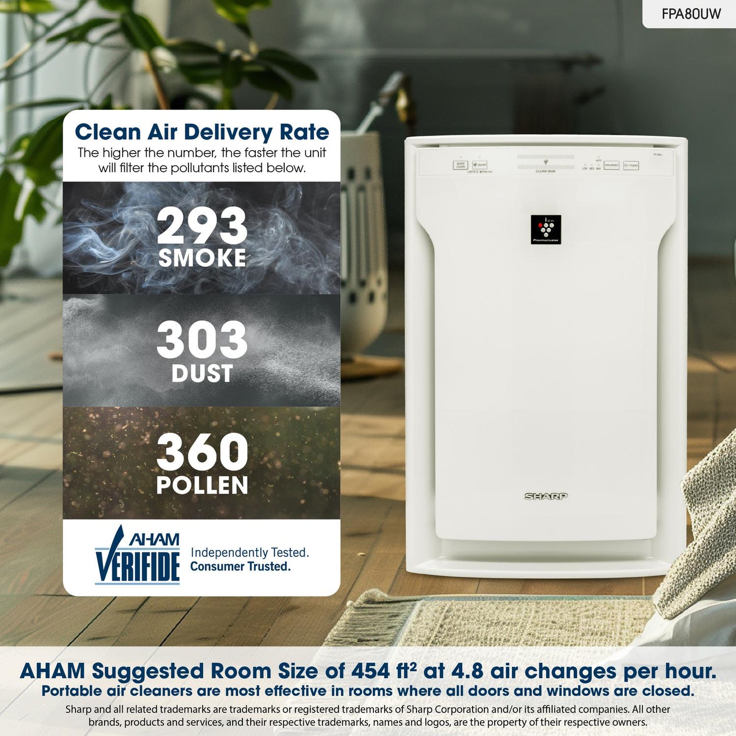 FPA80UW Sharp Plasmacluster Ion Air Purifier with True HEPA for Large Rooms