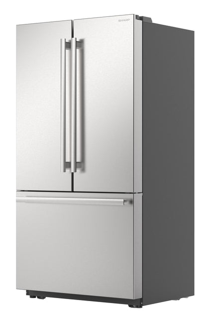 SJF2752MS Sharp 26.5 cu.ft. Counter Depth 36 in. French 3-Door Refrigerator with Internal Water Dispenser in Stainless Steel