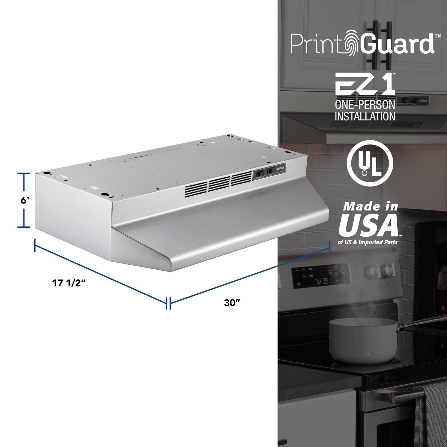 Broan® 30-Inch Ductless Under-Cabinet Range Hood w/ Easy Install System, Stainless Finish