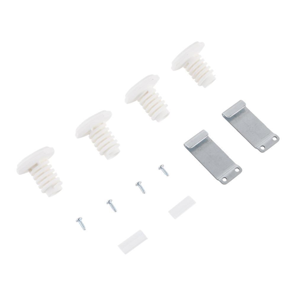 Maytag W10869845 Washer & Dryer Stacking Kit for 27", with hooked galvanized steel brackets, 4 leveling dryer feet, 2 clips, and 4 screws