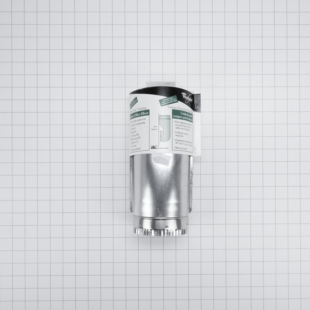 Maytag 4396004 4.5" Silver Dryer Exhaust Duct with 90-degree elbow, 1 male inlet connection, snap-lock fittings, and rotating collars