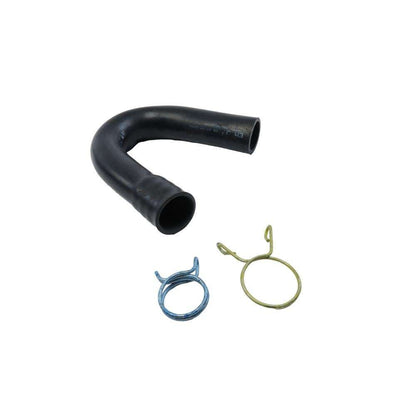 Maytag 285666 8' Black washer drain hose with molded and straight plastic fittings, U-shape rubber nozzle, and spring clamp - 1 pack