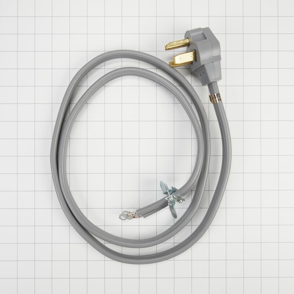 Maytag PT500L 6' Gray Electric Dryer Power Cord with 30-amp, 3-wire, right-angle plug, and adjustable strain relief bracket