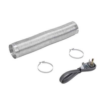 Whirlpool W10182829RB 4' Black Dryer Vent Kit power cord, 3-wire, right-angle 3-prong plug, 8' metal slit-cuff vent, and two 4" clamps