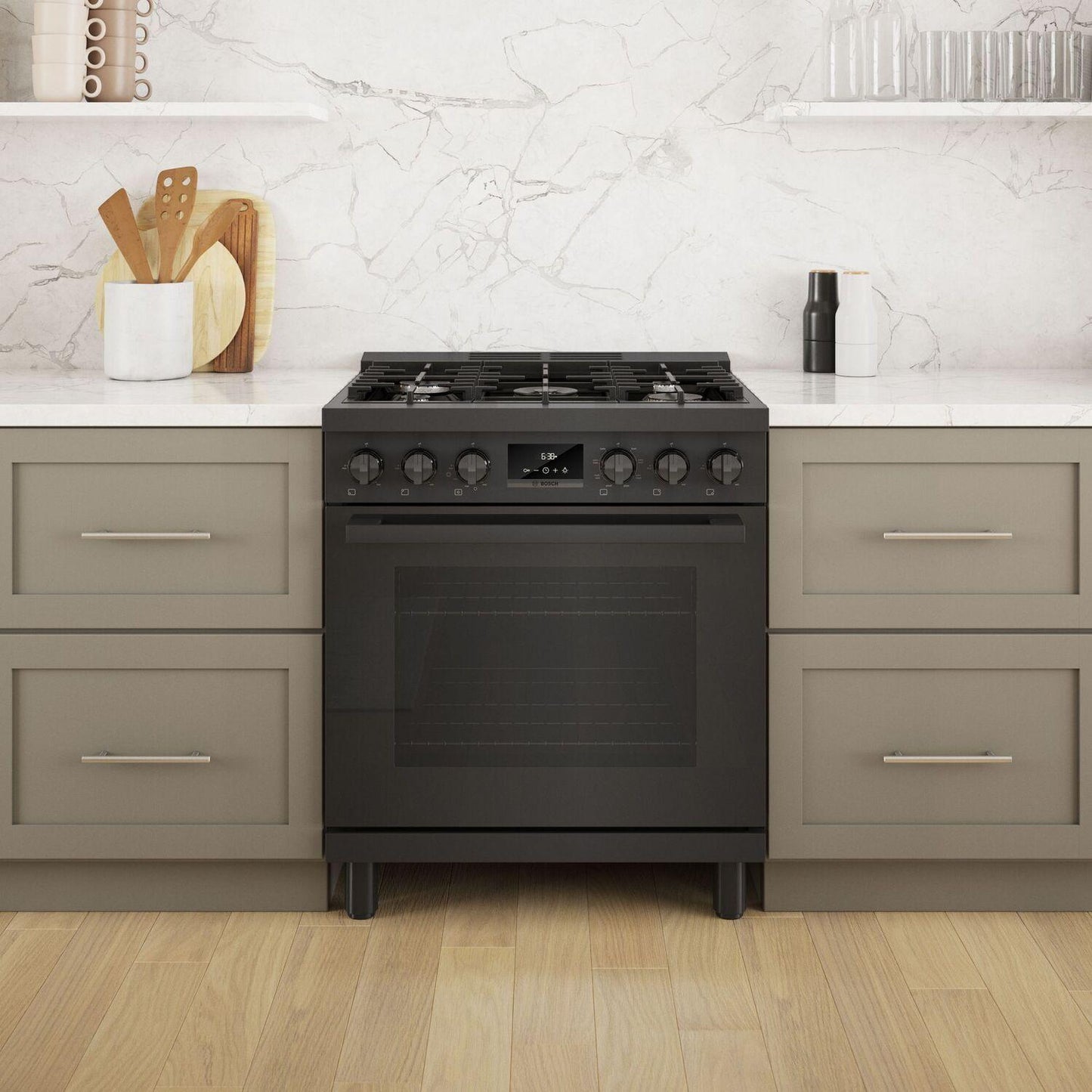 Bosch HDS8045U 800 Series, Dual fuel freestanding range, 30'', Black stainless steel