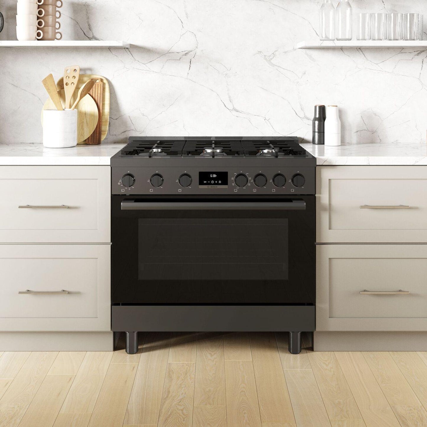 Bosch HDS8645U 800 Series, Dual fuel freestanding range, 36'', Black stainless steel