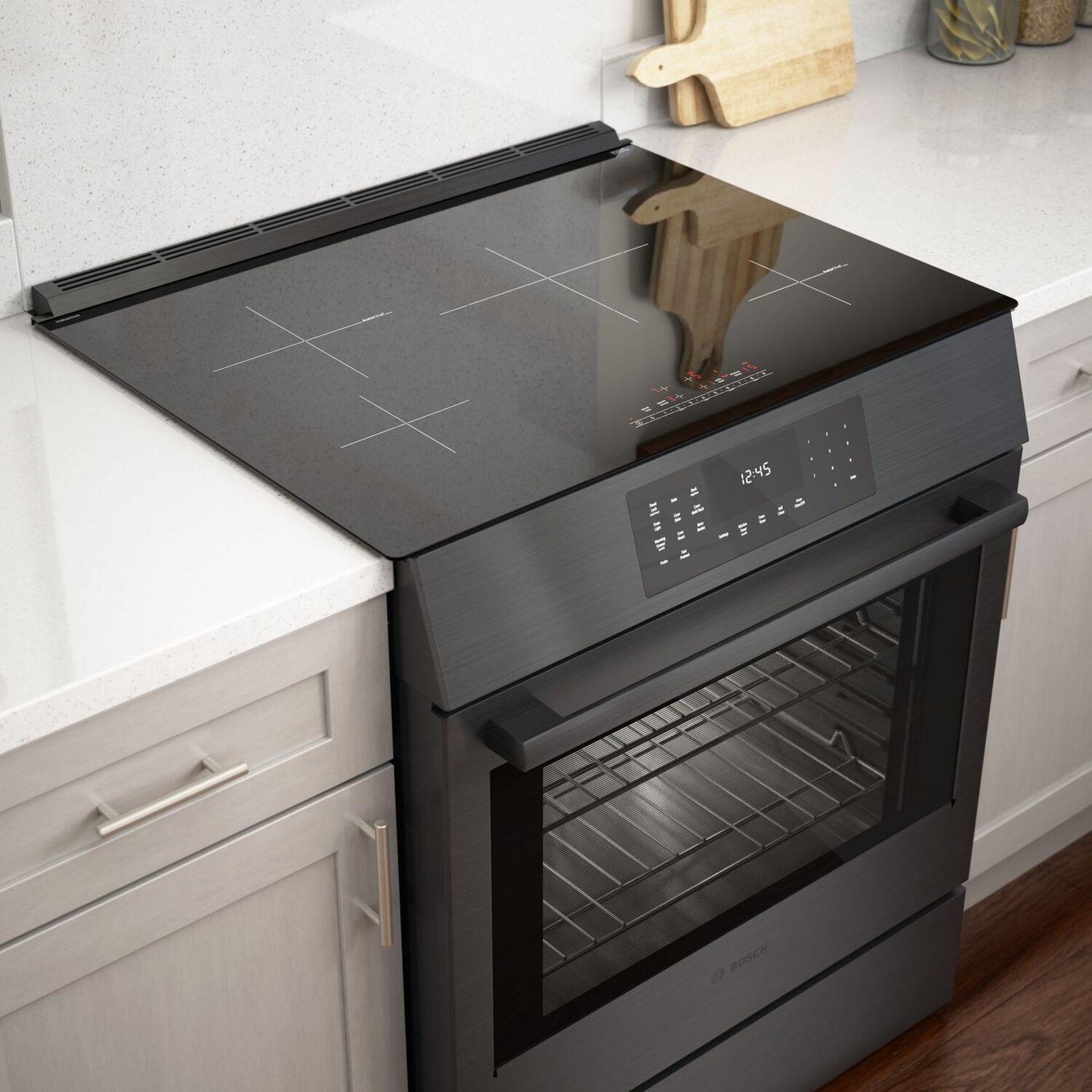 Bosch HII8047U 800 Series, Induction slide-in range, 30'', Black stainless steel