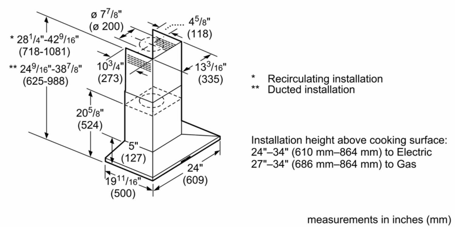 Bosch HCP34E51UC 300 Series, ESTAR Pyramid Chimney Hood 24" S/S