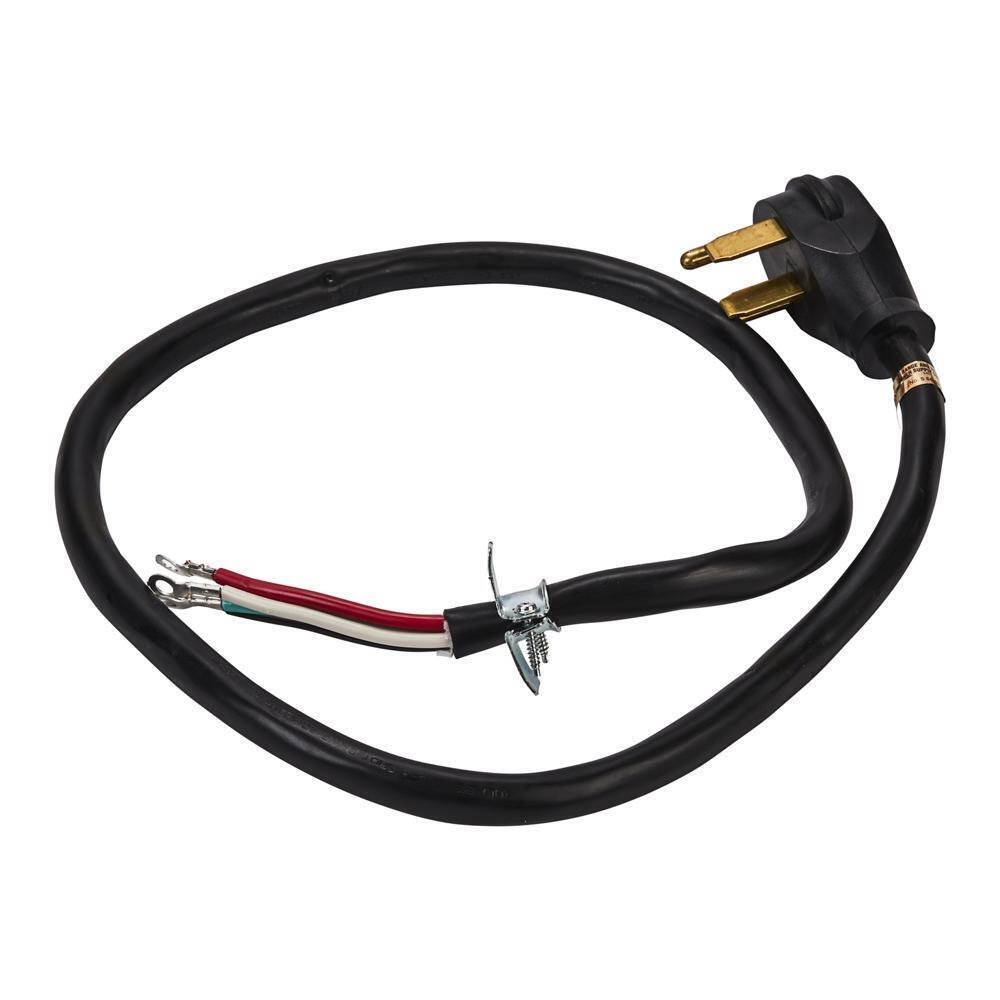 Maytag 8171394RC 4' 4-Wire Range Power Cord, rated 40 A, with 4-wire, 4-ring terminal connectors, and right-angle 4-prong plug