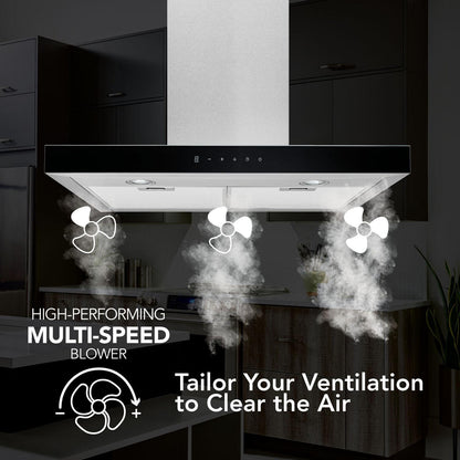 BWT1304SSB Broan® 30-Inch Convertible Wall-Mount T-Style Chimney Range Hood, 450 Max CFM, Stainless Steel w/Black Glass