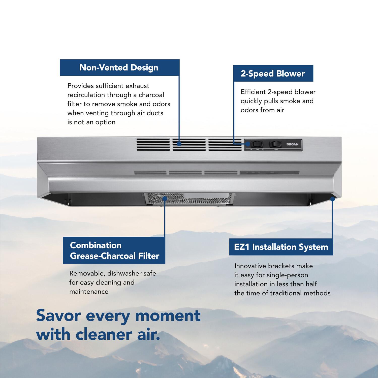 Broan® 30-Inch Ductless Under-Cabinet Range Hood w/ Easy Install System, Stainless Finish