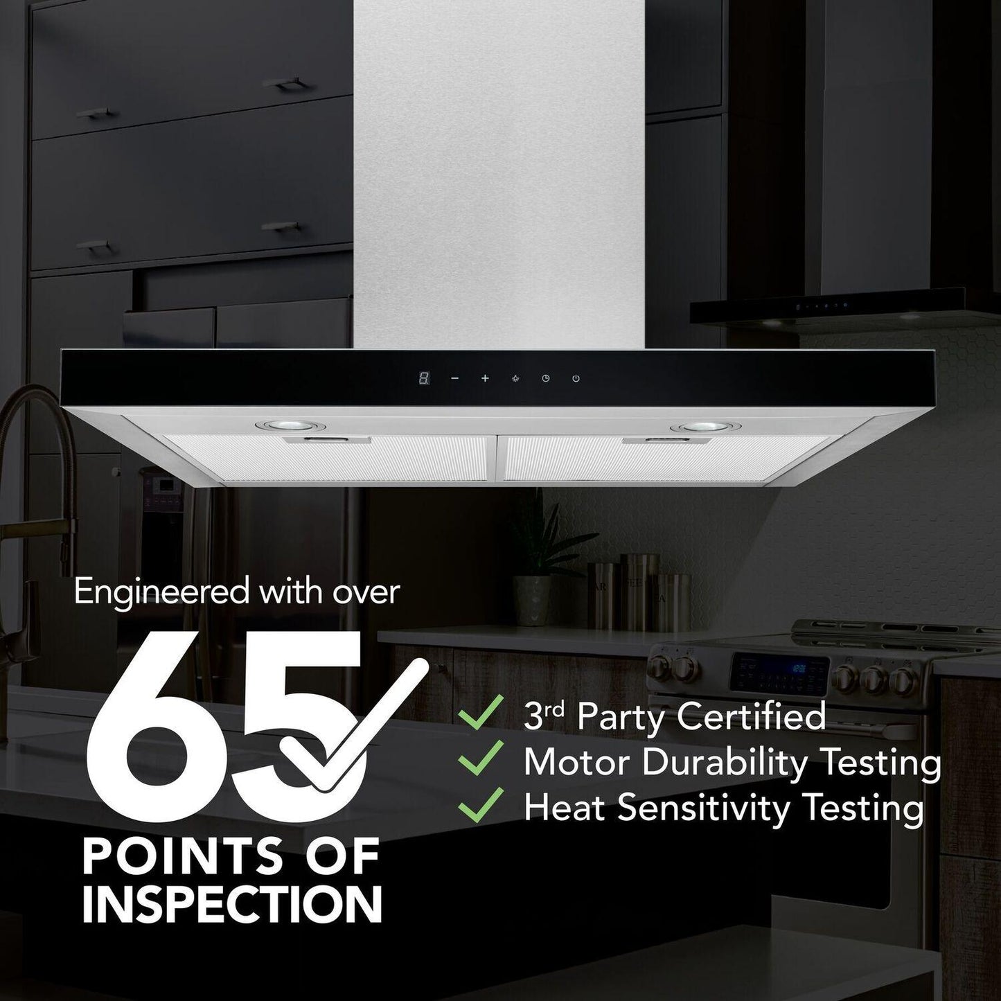 BWT1304SSB Broan® 30-Inch Convertible Wall-Mount T-Style Chimney Range Hood, 450 Max CFM, Stainless Steel w/Black Glass