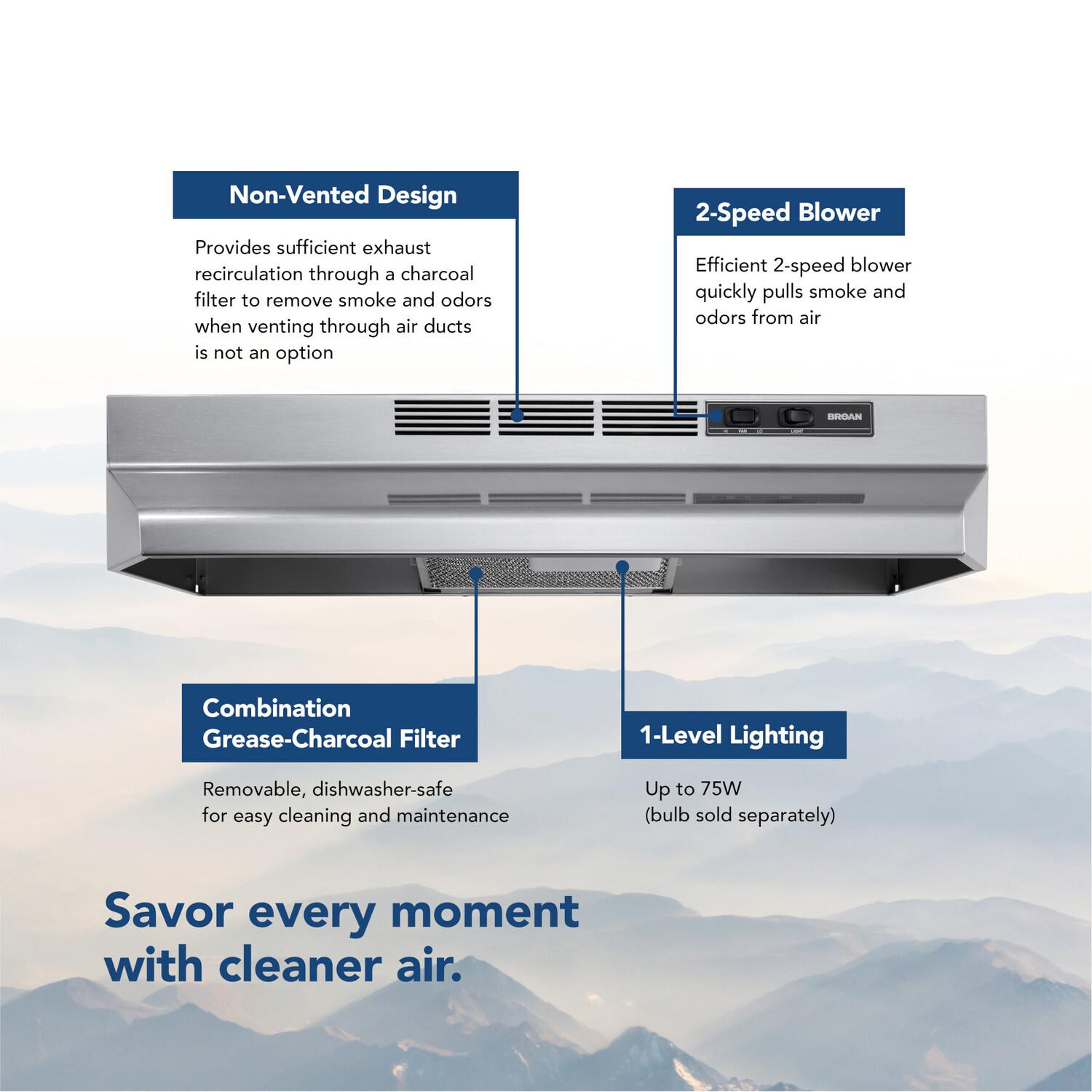 F4036SF Broan® 36-Inch Convertible Under-Cabinet Range Hood, 230 Max Blower CFM, Stainless Finish