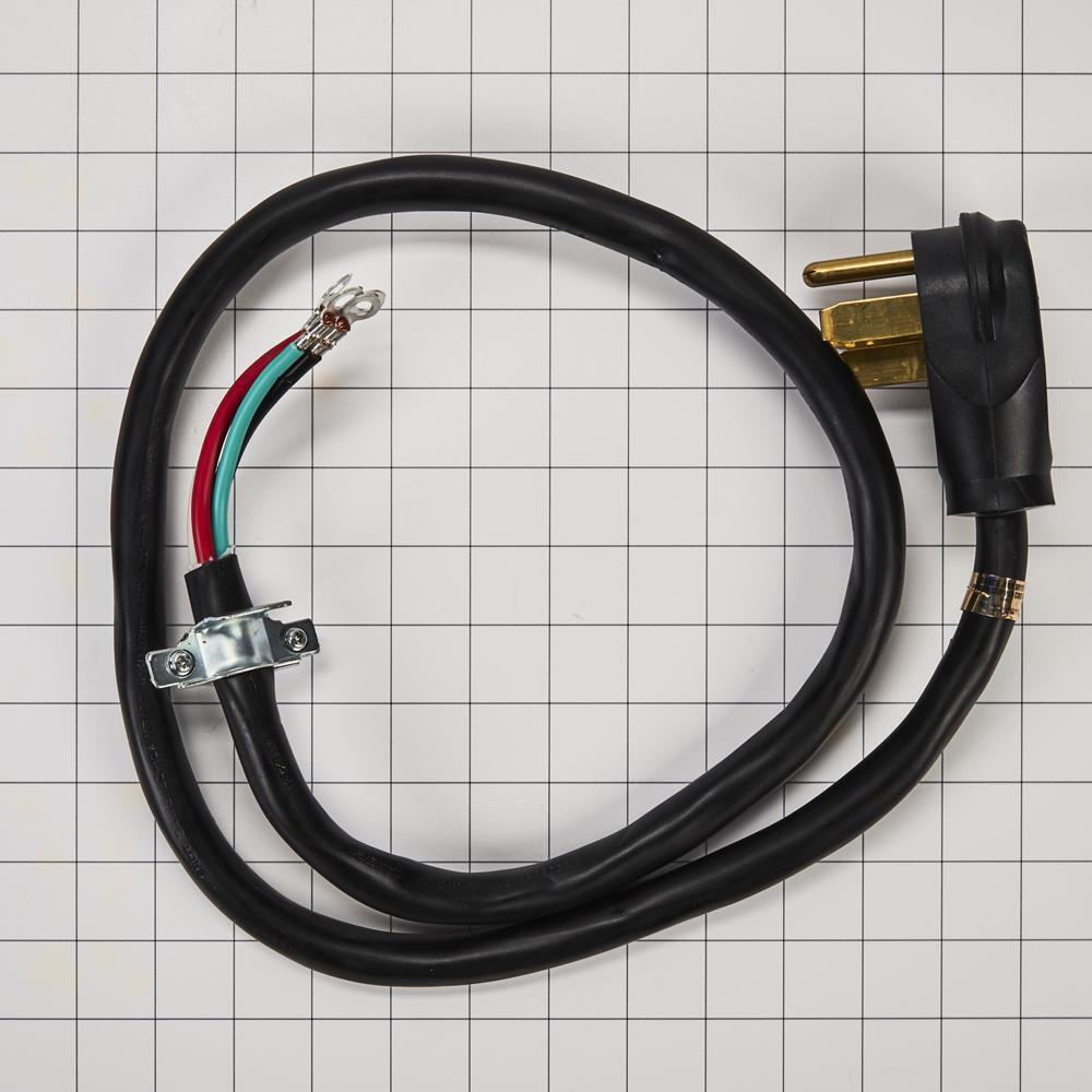 Whirlpool 8171394RC 4' 4-Wire Range Power Cord, rated 40 A, with 4-wire, 4-ring terminal connectors, and right-angle 4-prong plug