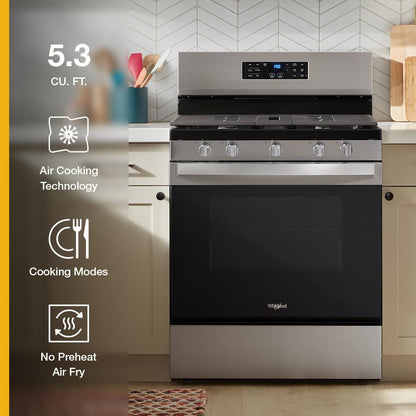 Whirlpool WFGS4530SB 30-inch Gas Range with Air Cooking Technology and Steam Clean