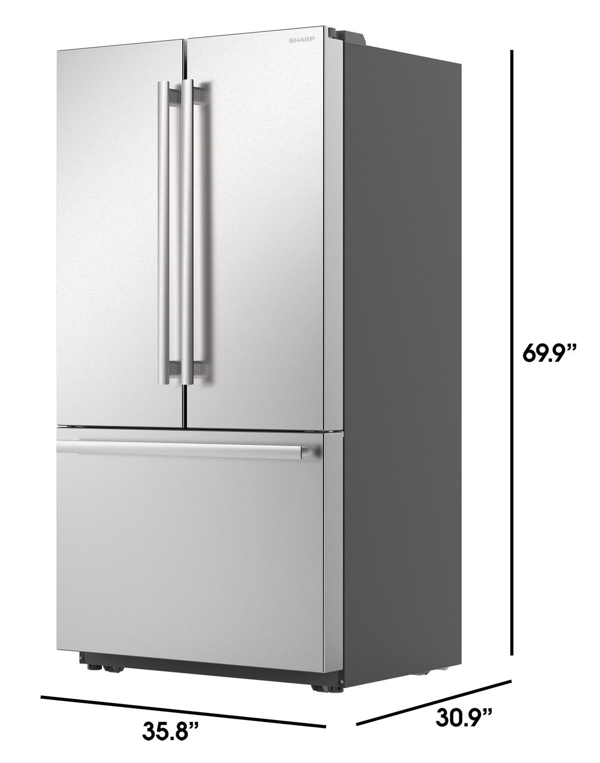 SJF2752MS Sharp 26.5 cu.ft. Counter Depth 36 in. French 3-Door Refrigerator with Internal Water Dispenser in Stainless Steel
