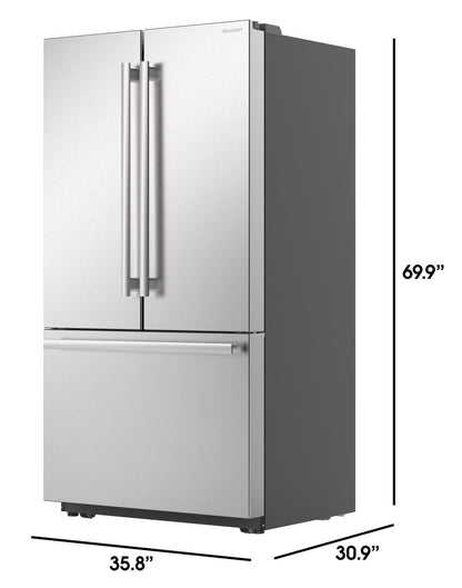 SJF2752MS Sharp 26.5 cu.ft. Counter Depth 36 in. French 3-Door Refrigerator with Internal Water Dispenser in Stainless Steel